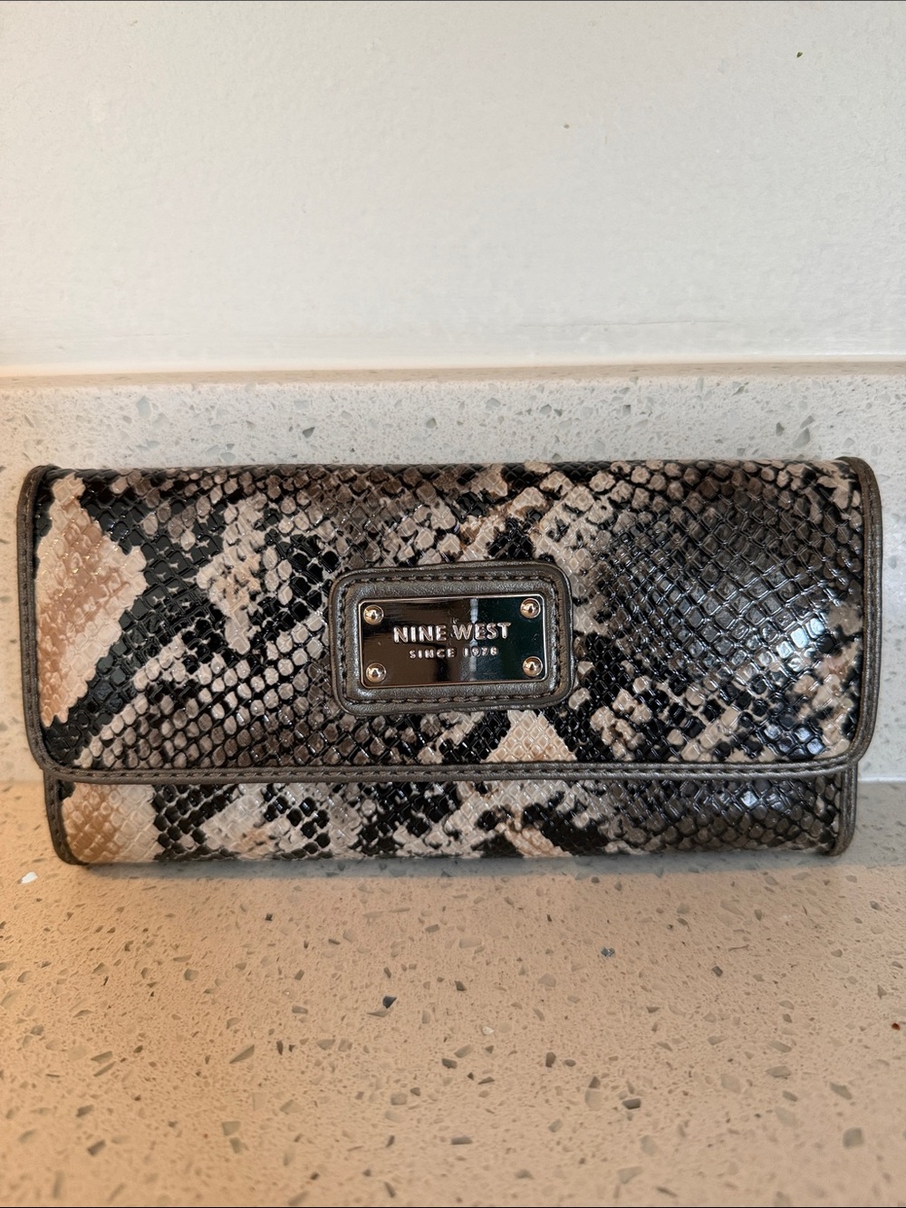 Nine West Snake-Print Foldover Wallet in Taupe and Black